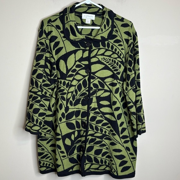 CJ Banks green with black leaf cardigan sweater size 2X - Picture 1 of 6